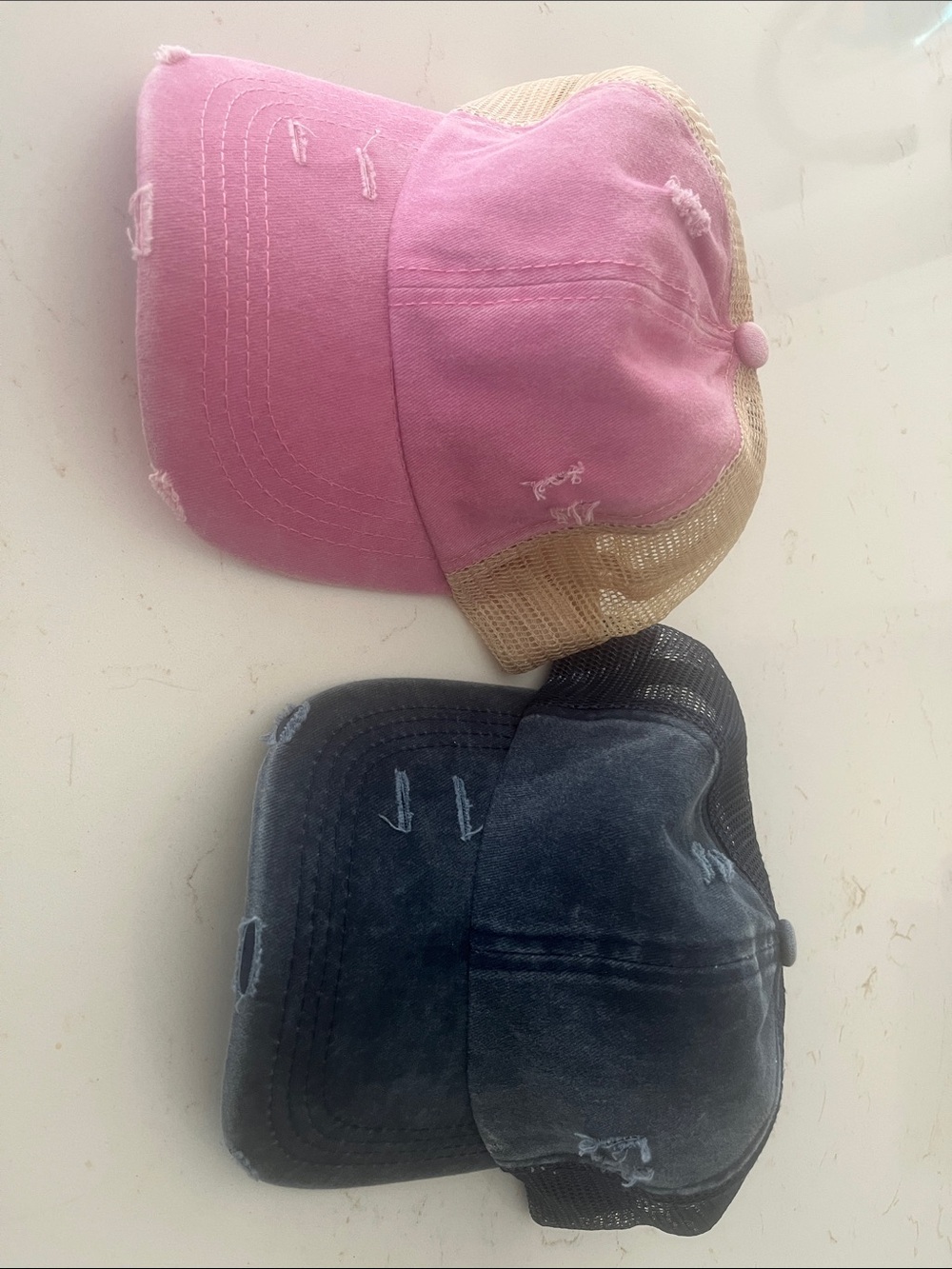 Women’s Distressed Mesh Trucker Hat - Pink/Gold & Navy Blue